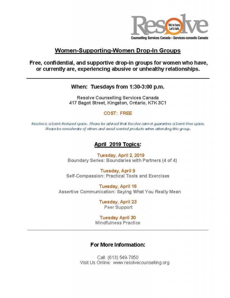 Women Supporting Women monthly schedule for April 2019