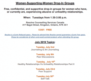 Women Supporting Women monthly schedule for July 2019