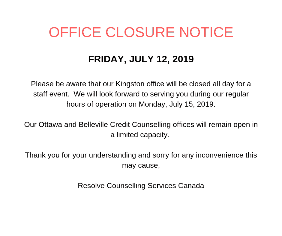 Office Closure Notice - Resolve Counseling Services Canada